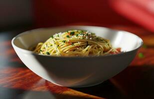 AI generated an empty white bowl containing spaghetti smothered in sauce and herbs photo