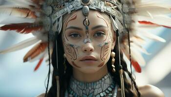 AI generated Young indigenous woman, adorned in feathers, exudes elegance and beauty generated by AI photo