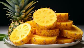 AI generated Freshness and sweetness in a juicy pineapple slice on a plate generated by AI photo