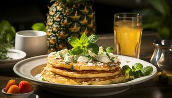 AI generated Fresh fruit pancake stack on wooden plate, drizzled with honey generated by AI photo