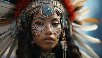 ai generado uno joven mujer, belleza en tradicional ropa, mirando a cámara generado por ai foto