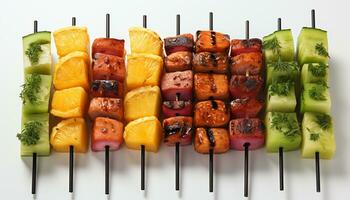 AI generated Grilled meat and vegetables on skewers, perfect summer barbecue generated by AI photo