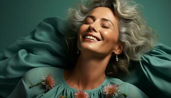 AI generated A beautiful blond woman, smiling with elegance, enjoying summer relaxation generated by AI photo