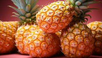 AI generated Fresh, juicy pineapple slice on wooden table, vibrant tropical delight generated by AI photo
