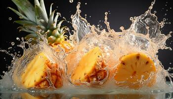 AI generated Freshness splashing healthy eating, wet nature, citrus fruit, yellow drop generated by AI photo