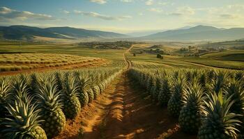 ai generado tranquilo escena verde prado, maduro fruta, azul cielo, pacífico agua generado por ai foto