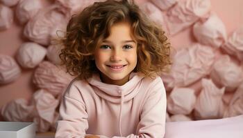 AI generated Cute, smiling girl playing happily in pink bedroom, pure joy generated by AI photo