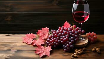 AI generated Autumn table organic wine, fresh grapes, rustic wood background generated by AI photo