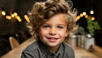 ai generado sonriente niño, alegre y lindo, felicidad en uno retrato generado por ai foto