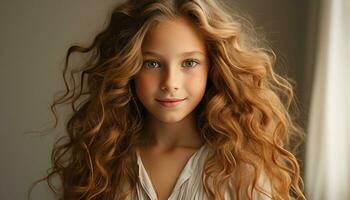 AI generated Cute, smiling girl with curly hair looking at camera indoors generated by AI photo