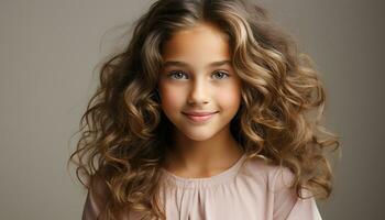AI generated Cute curly haired girl smiling, looking at camera with happiness generated by AI photo
