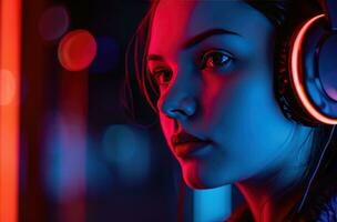 AI generated attractive young woman wearing headphones that glow neon red photo