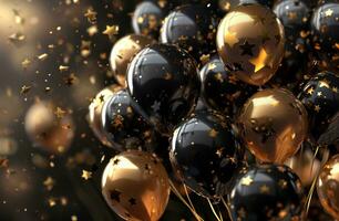 AI generated birthday party background with black and gold balloons photo