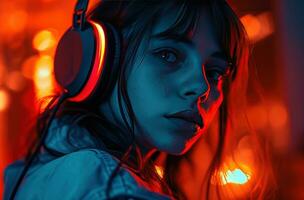 AI generated attractive young woman wearing headphones that glow neon red photo