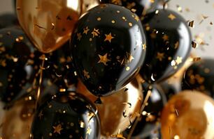 AI generated birthday party background with black and gold balloons photo