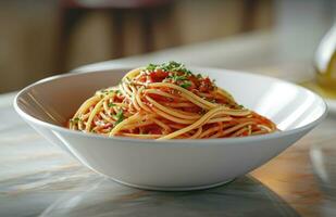 AI generated an empty white bowl containing spaghetti smothered in sauce and herbs photo