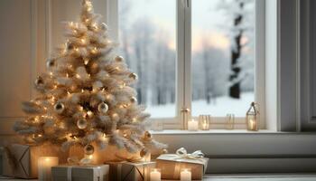 AI generated Winter celebration Christmas tree glows, gifts decorate the home generated by AI photo