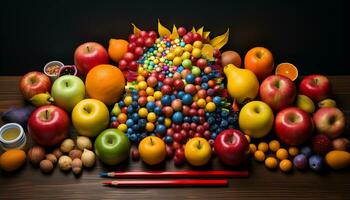 ai generado fresco, sano frutas y vegetales en de madera mesa generado por ai foto