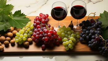 AI generated Fresh grape bunches on wooden table, nature sweet refreshment generated by AI photo