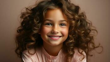 AI generated Smiling cute child with curly hair, looking at camera happily generated by AI photo