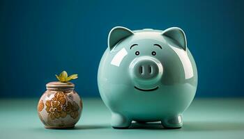 AI generated Smiling piggy bank symbolizes wealth and successful home finances generated by AI photo