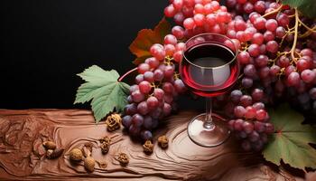 AI generated Ripe grape bunches on wooden table, nature sweet celebration generated by AI photo