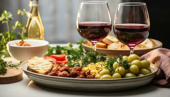 ai generado frescura en el mesa gastrónomo comida, vino, carne, aperitivo generado por ai foto