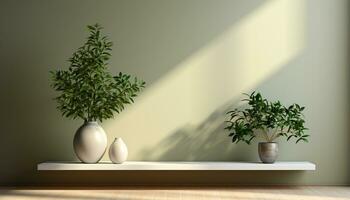 AI generated Modern home interior with green plant on wooden table generated by AI photo