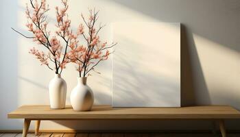 AI generated Modern home interior with vase of flowers on wooden table generated by AI photo