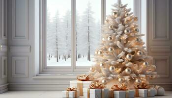 AI generated Winter celebration indoors Christmas tree, snow, decoration, gift, illuminated window generated by AI photo