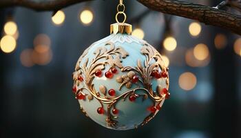 AI generated Shiny gold ornament hanging on Christmas tree, glowing with light generated by AI photo