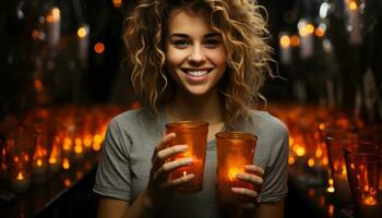 AI generated Smiling woman enjoys drink, celebrating happiness in illuminated winter night generated by AI photo