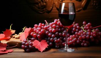 ai generado otoño naturaleza decora mesa con vino, uva, y hoja generado por ai foto