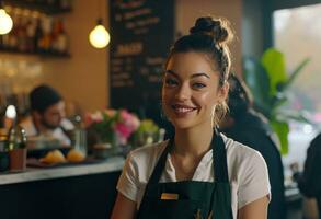 ai generado un joven hembra camarera sonriente a su clientes en un café foto