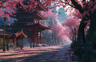 AI generated beautiful pink cherries grow near some pagoda's on a street lined with pagoda photo