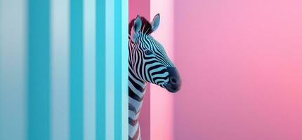 AI generated a zebra peeking out of a blue and pink wall photo