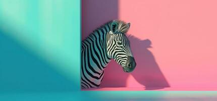 AI generated a zebra peeking out of a blue and pink wall photo