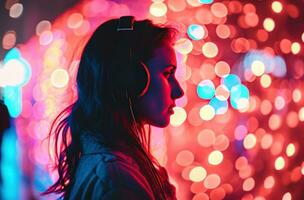 AI generated a woman in headphones is in front of colorful lights photo