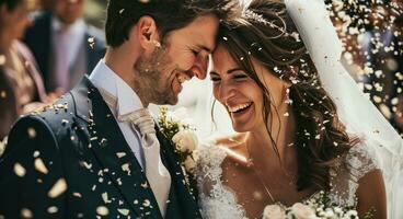 AI generated bride and groom smiling and in joy after being confetti photo