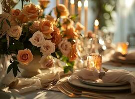 ai generado un elegante mesa ajuste con melocotón rosas foto