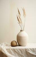 AI generated an empty beige vase with some dried plants sitting on top of a white table photo