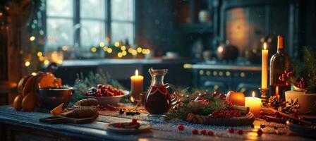 ai generado Navidad en cocina con reflexionado vino foto