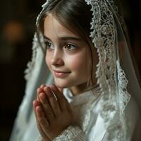 AI generated christianity 1st communion young girl sacrificial, hand shakes his hands praying photo