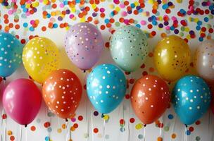 ai generado vistoso globos y papel picado en un blanco antecedentes foto