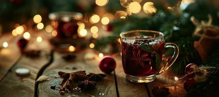 ai generado Navidad reflexionado vino con Navidad follaje en un de madera mesa y Navidad paño foto