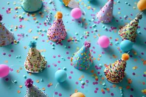 AI generated colorful birthday decorations on a blue background photo