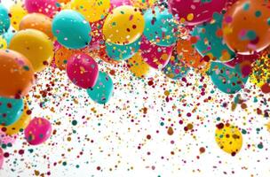 AI generated colorful balloons and confetti on a white background photo