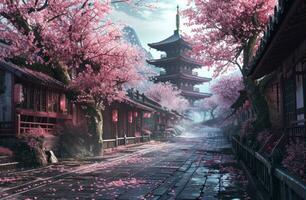 AI generated beautiful pink cherries grow near some pagoda's on a street lined with pagoda photo