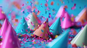 AI generated colorful birthday party hats falling over colorful confetti photo