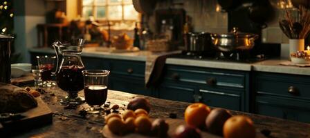 ai generado Navidad en cocina con reflexionado vino foto